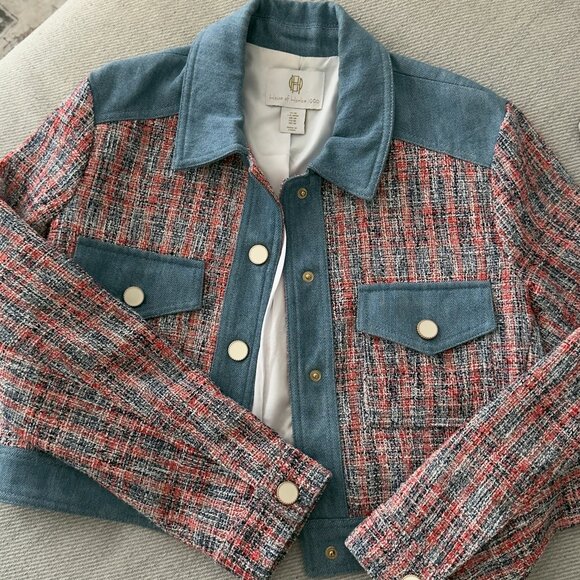 House of Harlow 1960 Tweed and Denim Cropped Jacket - Picture 3 of 5